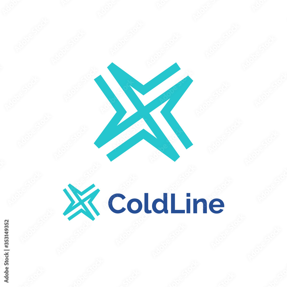 Abstract snowflake logo for fridge, conditioning, technology. Cold frozen, snow, ice, arctic, north, freezer, cooling logo. Letter X cooler tech icon.