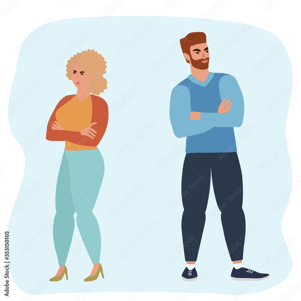 Vector cartoon illustration of a couple's quarrel. The man and woman took offense, turned away from each other and broke off their relationship. Vector cartoon illustration of a couple's quarrel. The man and woman took offense, turned away from each other and broke off their relationship.