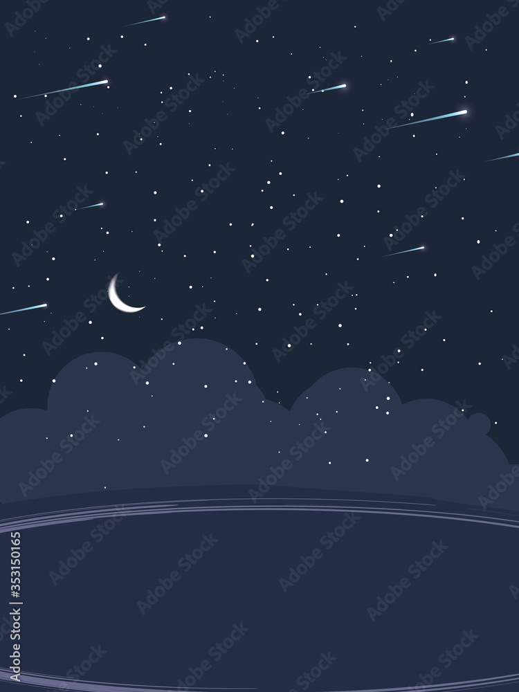 Blue night starry sky with stars. Bright star to fall meteorite. Vector stars on dark blue background. Vector astronomy illustration