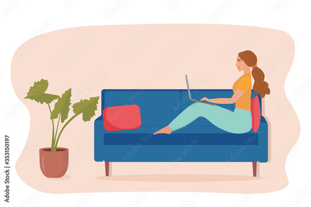 Obraz premium A girl with a laptop is sitting on the sofa. Freelance or training concept.Stay at home. Cute illustration in a flat style.