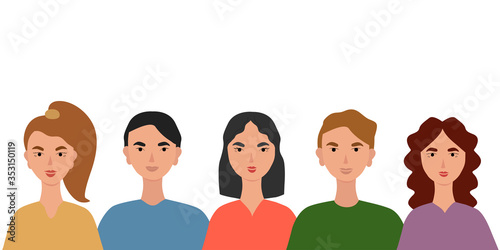 Portraits of people, colorful background vector illustration. Image of 5 people, 2 guys and 3 girls of different nationalities