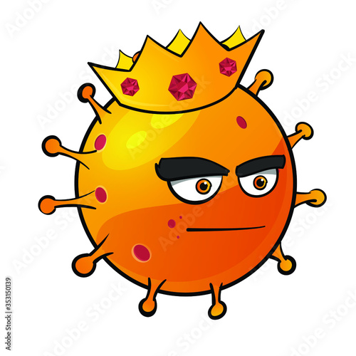 funny color vector picture of orange cartoon coronavirus model in crown with gems and angry face isolated on white background