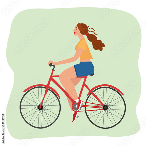 Fototapeta Naklejka Na Ścianę i Meble -  A pretty woman rides a Bicycle in the spring. Cute vector illustration in flat style