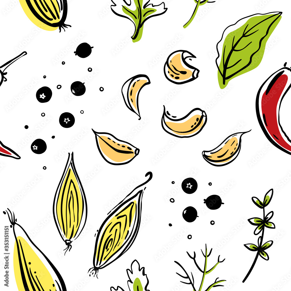 Seamless pattern with various vegetables and herbs. Colorful sketch of healthy vegetables and herbs isolated on white background. Doodle hand drawn vector illustration Seamless pattern with various vegetables and herbs. Colorful sketch of healthy vegetables and herbs isolated on white background. Doodle hand drawn vector illustration