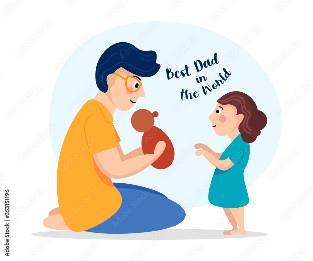 Father and daughter playing with doll, Happy father's day graphic Father and daughter playing with doll, Happy father's day graphic