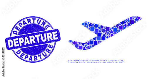 Geometric airplane departure mosaic pictogram and Departure seal stamp. Blue vector round distress seal with Departure title. Abstract mosaic of airplane departure created of round, triangles,