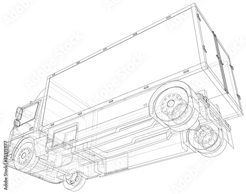 Vector Wire-frame isolated Commercial van truck on background. Vector rendering of 3d.