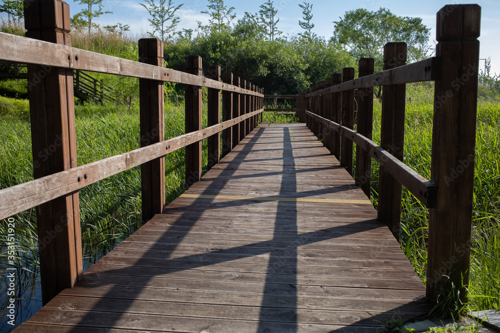 wooden walkways and grasslands on both sides.