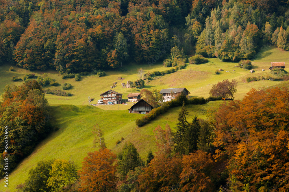 Alpine houses surrounded by autumn colours in Switzerland