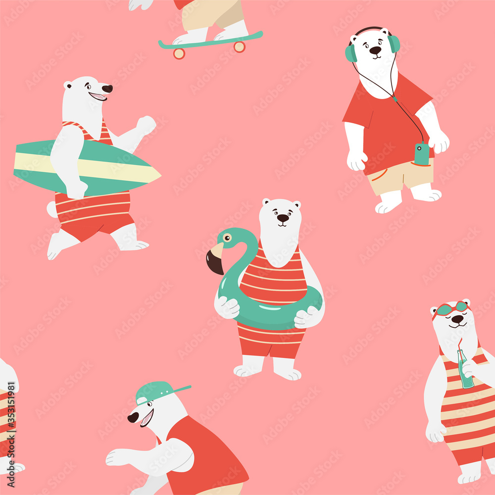 Cute bears in the summer on a vacation, in retro style. Bears pattern. Vector seamless texture.