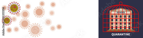 Banner with coronavirus cells and school. School locked in cage due to virus quarantine COVID-19. Educational institution reliably separated from dangerous infection. Metaphor vector illustration.