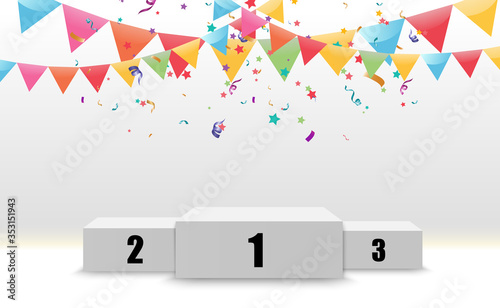 Winner background with signs of first, second and third place on a round pedestal. Vector winner podium sports symbols.