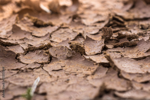 Nature background of cracked dry lands. Natural texture of soil with cracks. Broken clay surface of barren dryland wasteland close-up. 