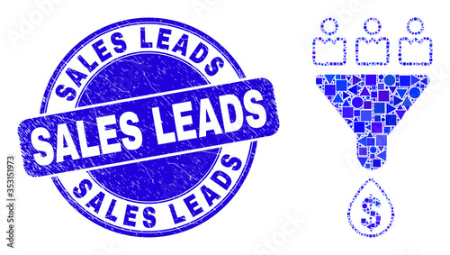 Geometric customers sales funnel mosaic pictogram and Sales Leads seal. Blue vector rounded scratched seal stamp with Sales Leads title. Abstract mosaic of customers sales funnel combined of spheric,