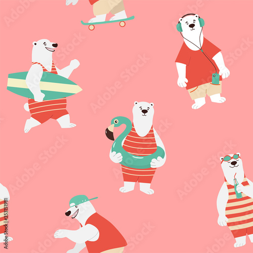 Cute bears in the summer on a vacation, in retro style. Bears pattern. Vector seamless texture. © Tayisiya