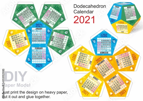 Calendar 2021, Dodecahedron Calendar. Week starts Monday. Weekend days highlighted, Paper Model DIY. Small home craft project, DIY paper game. Cut out, fold and glue. 12 sided calendar.