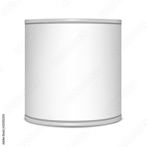 Round tin can, vector mockup. Canned food metal package, mock-up. Blank aluminum cylinder container, template