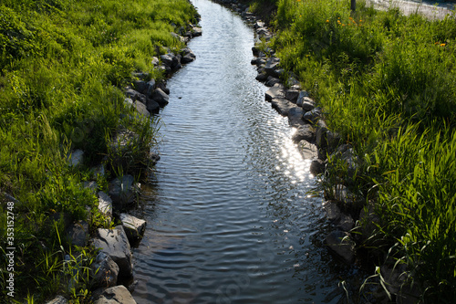 a calm brook and grassland on both sides.