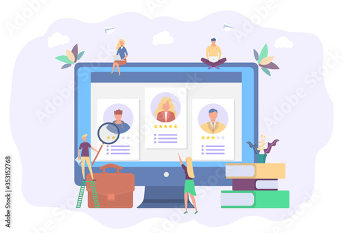 We are hiring. Recruitment agency, employment service. The HR manager is looking for a candidate resume. We need employees, vacancies are open, join our team. Colorful vector illustration