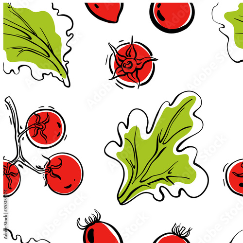 Seamless pattern with various vegetables and herbs. Colorful sketch of healthy vegetables and herbs isolated on white background. Doodle hand drawn vector illustration