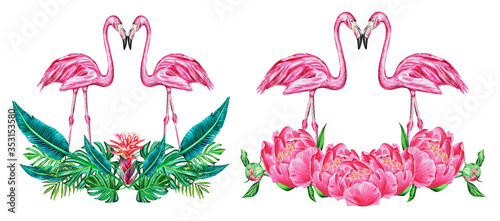 Pair of pink flamingos on a bouquet of peonies and a tropical bouquet. Watercolor print for invitations, birthday, cards, prints and much more.