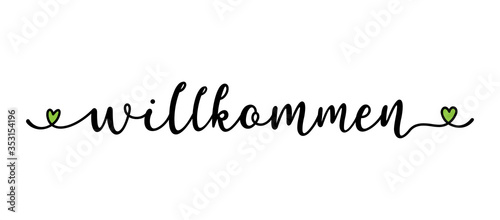 Hand sketched Willkommen quote in German. Translated Welcome. Lettering for banner, poster, flyer, header, card, advertisement, announcement..