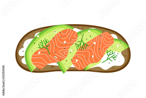 healthy sandwich with smoked salmon cream cheese avocado top view vector illustration