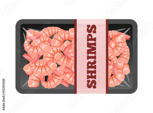 raw shrimps prawns in foam tray container  package on white background