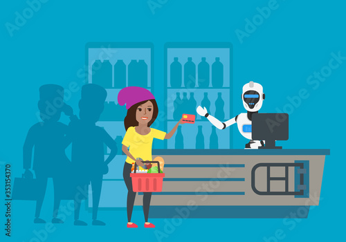 african american woman purchasing in supermarket  robot cashier at cash desk