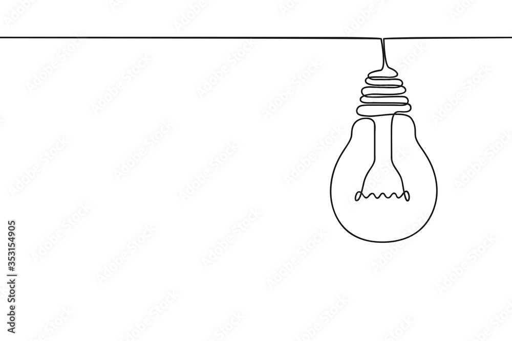 Continuous one line drawing of hanging electric light bulb. Concept of idea emergence. Vector illustration.