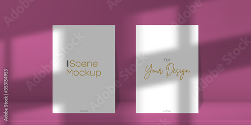 Scene mockup. Two A4 paper sheet with transparent overlay shadow from the window and jalousie. Abstract realistic scene, 3D stage studio with bussines card or banners. Vector illustration.