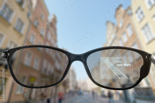 Walking through city with navigation app on smart glasses