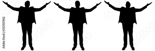 Vector illustration businessman in a suit with both hands outstretched. Sport exercises. The joy of the goal achieved. Successful business. Success. Black silhouette on a white isolated background.