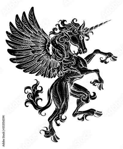 Fotografia, Obraz A Pegasus unicorn horse with wings and horn from mythology rearing rampant on it