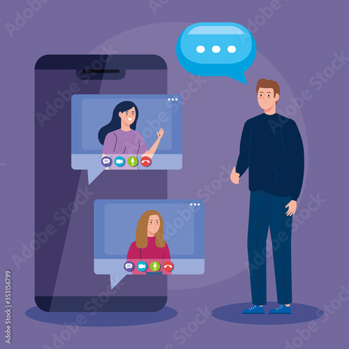 man in conference video call in smartphone with colleagues vector illustration design