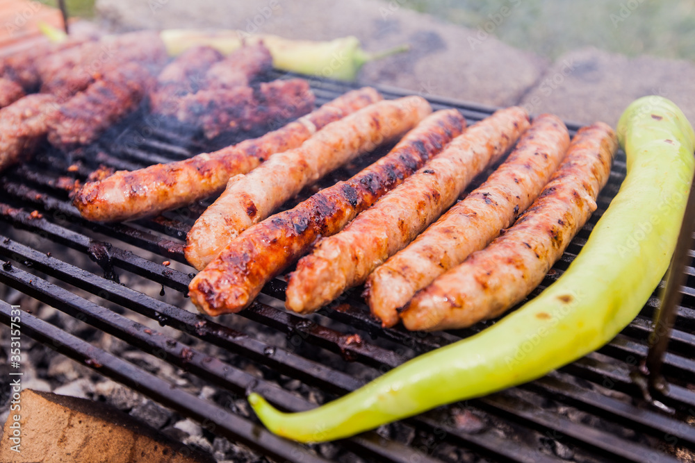 Grilling meat, Barbecue, BBQ party , camping food, outdoor activity Grilling meat, Barbecue, BBQ party , camping food, outdoor activity