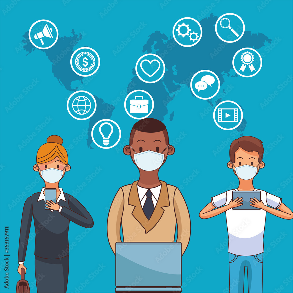 people wearing medical mask and smartphones and laptop for stay connected people wearing medical mask and smartphones and laptop for stay connected