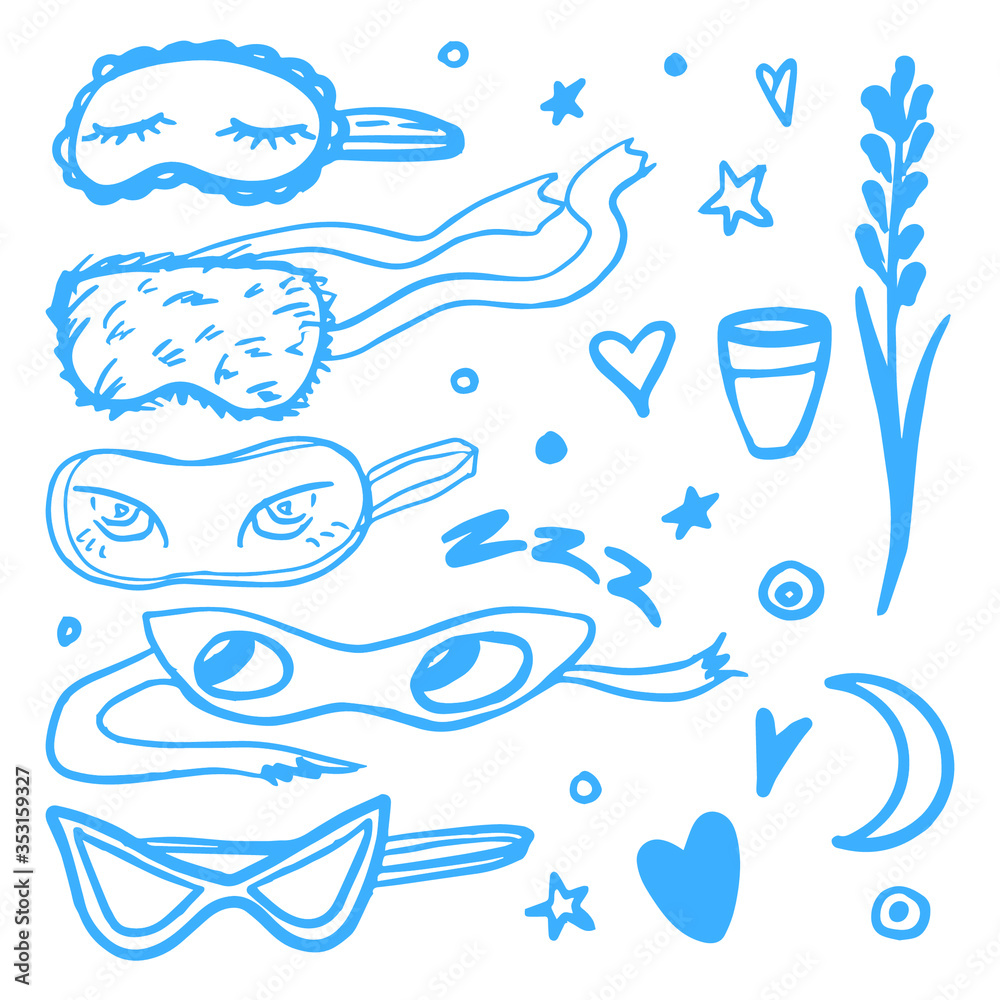 Set of sleeping masks and small doodles about dream and night. Glass of water, lavender, stars, hearts, moon. Vector graphic set of design elements. Isolated blue hand drawn lines, white background