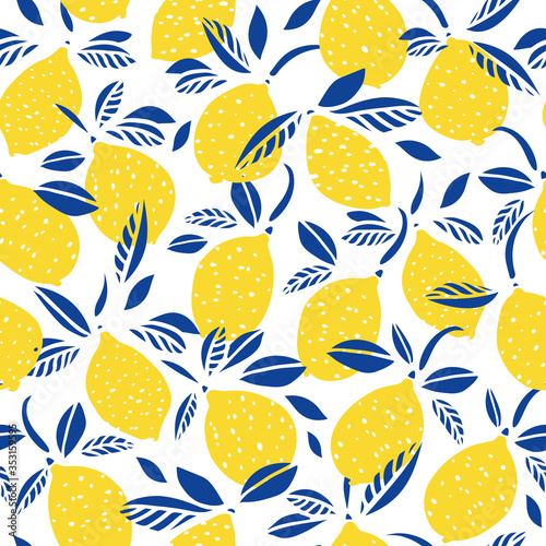 Vector lemon citrus pattern. Graphic modern summer repeating design. Hand drawn bright citrus fruit pattern with blue leaf on white background. Classy simple summer backdrop.