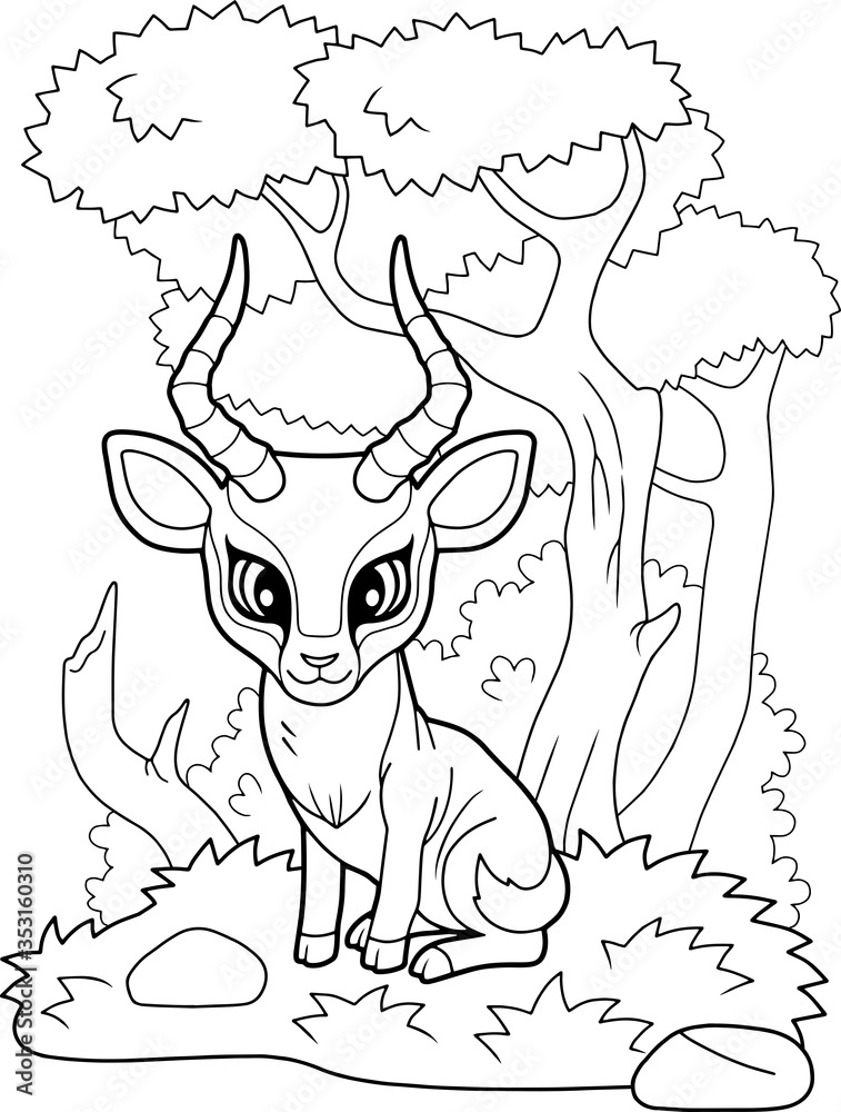 Φωτογραφία cartoon little cute impala antelope, coloring book, funny illustration