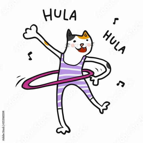 Cat play hulahoop and sing hula hula cartoon vector illustration