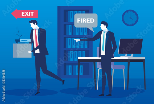 boss firing businessman , dismissal, unemployment, jobless and employee job reduction concept vector illustration design