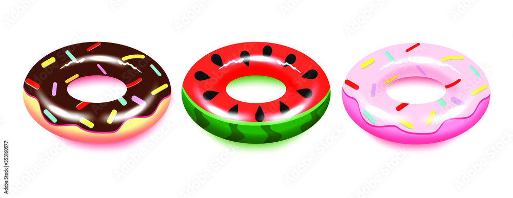 Swimming ring with floating realistic 3d.Texture of water surface and tiled bottom. Overhead view. Summer background.