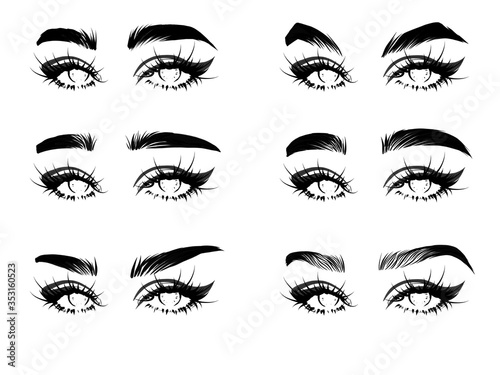 Beautiful woman brows makeup vector illustration for cosmetics sale advertising design. Fashion woman with cat eyes drawing isolated vector.  SET with woman's eyes, eyelashes and eyebrows hand drawn