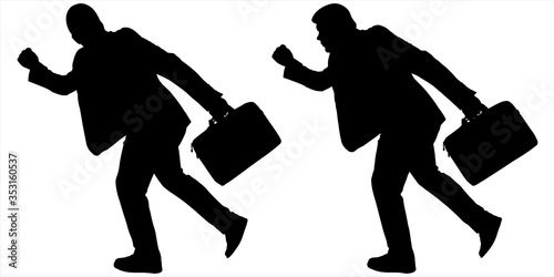 A young businessman in a suit with a briefcase in his hand runs. One person runs after another person. Pursuit. Chasing. Two black silhouettes on a white isolated background. Side view, profile.