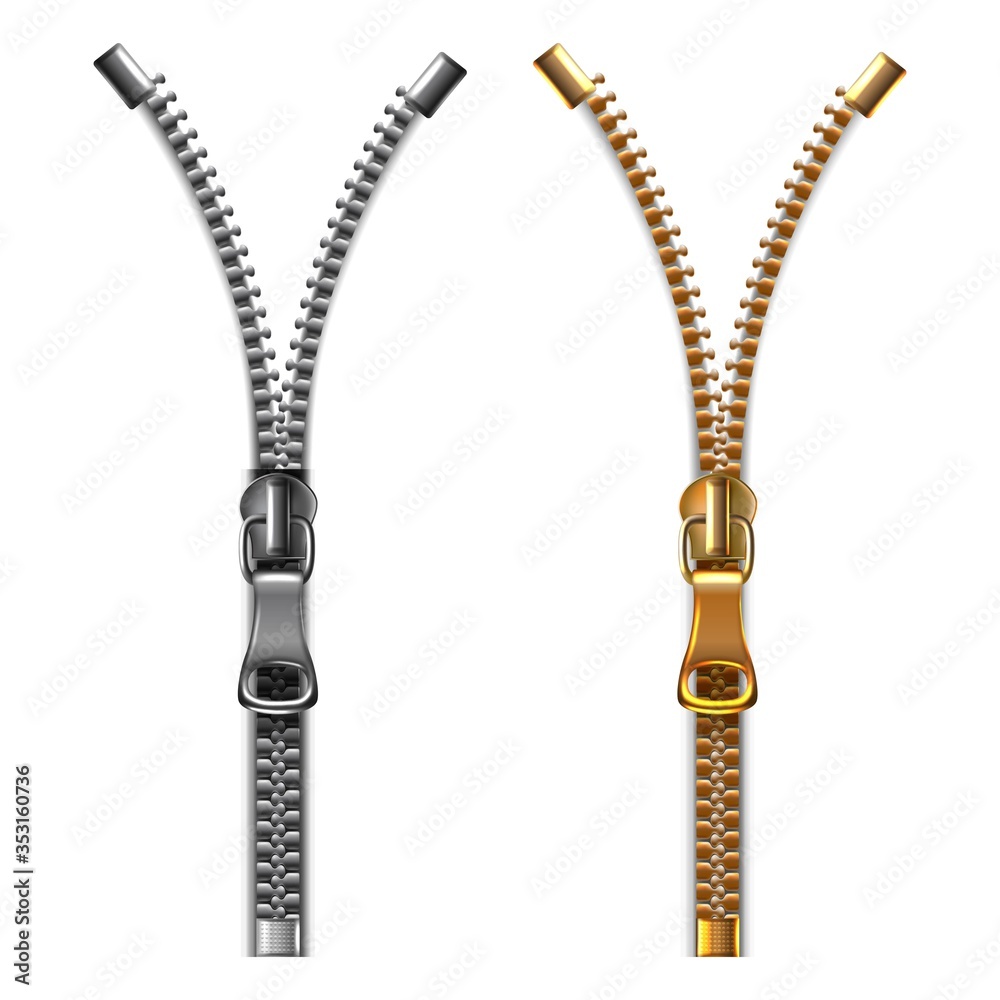 3d realistic vector metal zipper in silver and copper. Isolated on white background. 3d realistic vector metal zipper in silver and copper. Isolated on white background.