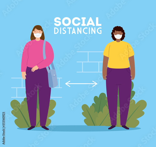 social distancing, keep distance in public society to people protect from covid 19, women using face mask vector illustration design
