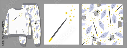 Funny print for baby clothes. Talking hat. Harry Potter movie character. A magical item. Wizard's clothes. T-shirt design. Vector illustration Ready-made textile design kit. Seamless pattern Harry Pot