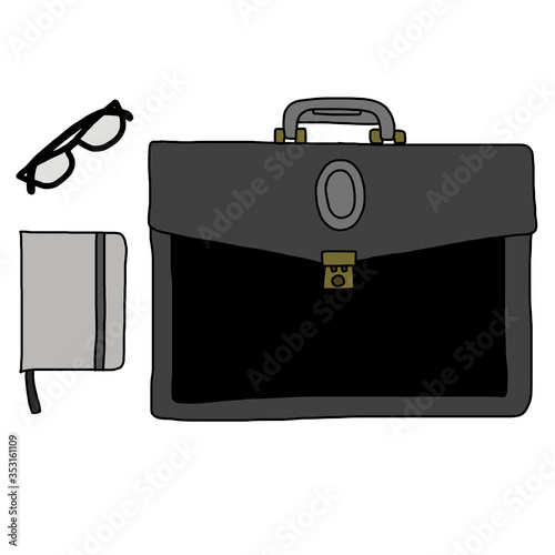 Business item. Bag, Notebook, Glasses