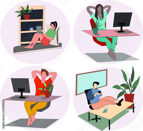 Set of isolated vector images with people freelancing from home and studying online.